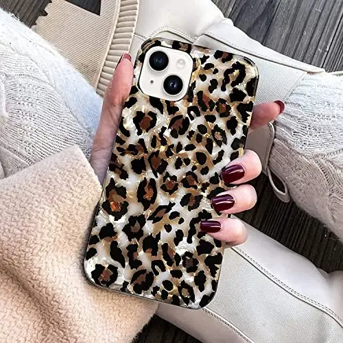 J.west Case iPhone 15 Plus Uchun mos holat, 6,7 mos keladigan holat, hashamatli yaltiroq shaffof qoplon gepard naqshli marvarid dizayni, yumshoq silikon yupqa himoya oluvchi telefon holati, qizlar ayollar uchun (yarqin) - 3