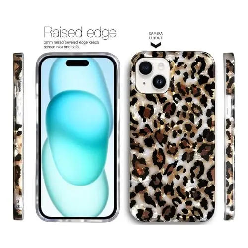 J.west Case iPhone 15 Plus Uchun mos holat, 6,7 mos keladigan holat, hashamatli yaltiroq shaffof qoplon gepard naqshli marvarid dizayni, yumshoq silikon yupqa himoya oluvchi telefon holati, qizlar ayollar uchun (yarqin) - 4