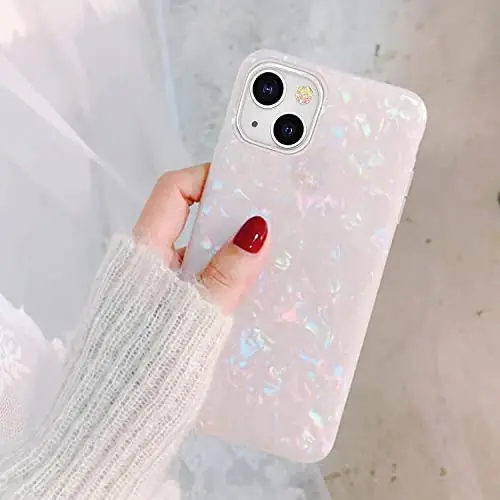 J.West Compatible iPhone 15 Plus Case, 6.7 inch Sparkle Opal Glitter Translucent Clear Pearly Luster Design Soft Silicone TPU Slim Fit Protective Phone Cover for Women Girls - 3