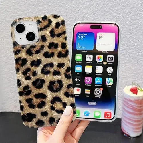 J.west Compatible with iPhone 15 Plus Case, Phone Case iPhone 15 Plus, Soft Sparkly Leopard Print Pearly Thinfoil Animal Design Women Girl Protective Case Phone Cover for iPhone 15 Plus 6.7