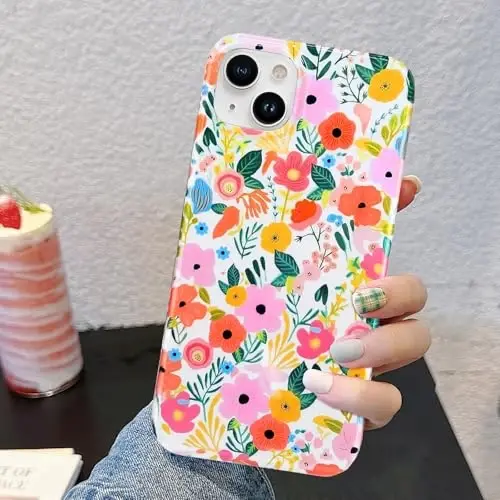 J.west Compatible with iPhone 15 Plus Case Soft Shockproof Cute Floral Phone Protective Cover for Women, Garden Flower Pattern Design Slim Fit Anti-Scratch 6.7