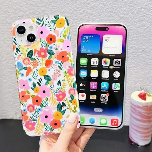 J.west Compatible with iPhone 15 Plus Case Soft Shockproof Cute Floral Phone Protective Cover for Women, Garden Flower Pattern Design Slim Fit Anti-Scratch 6.7