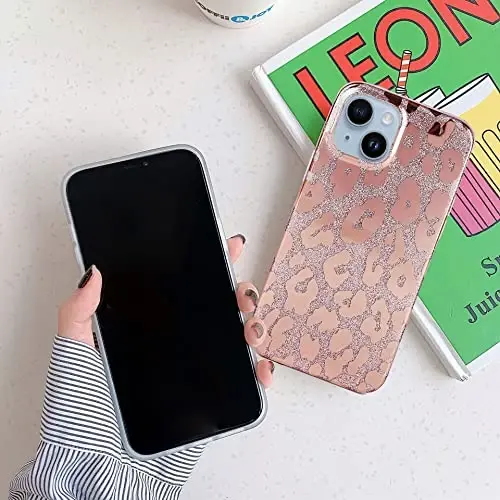 J.west iPhone 15 Plus 6.7 dyuymli g‘ilofi bilan mos keladi, hashamatli metall yaltiroq qoplon naqshli ingichka shaffof yumshoq silikon bamperli himoya telefon g‘iloflari ayollar qizlar uchun pushti tilla - 4