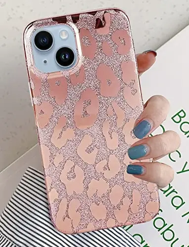J.west iPhone 15 Plus 6.7 dyuymli g‘ilofi bilan mos keladi, hashamatli metall yaltiroq qoplon naqshli ingichka shaffof yumshoq silikon bamperli himoya telefon g‘iloflari ayollar qizlar uchun pushti tilla - 3