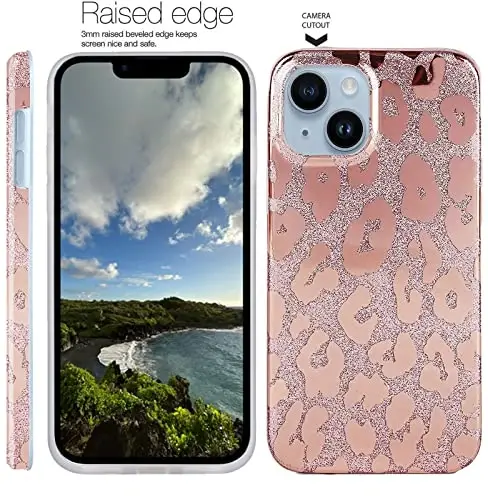 J.west iPhone 15 Plus 6.7 dyuymli g‘ilofi bilan mos keladi, hashamatli metall yaltiroq qoplon naqshli ingichka shaffof yumshoq silikon bamperli himoya telefon g‘iloflari ayollar qizlar uchun pushti tilla - 5