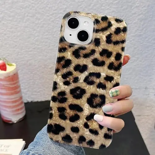 J.west Compatible with iPhone 15 Plus Case, Phone Case iPhone 15 Plus, Soft Sparkly Leopard Print Pearly Thinfoil Animal Design Women Girl Protective Case Phone Cover for iPhone 15 Plus 6.7