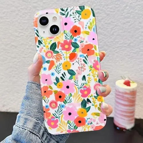 J.west iPhone 15 Plus uchun mos keladigan g'ilof Yumshoq zarbaga chidamli yoqimli gul naqshli telefon himoya qopqog'i ayollar uchun, bog' gul naqshli dizayni ingichka tirnalishga qarshi 6,7 dyuymli telefon g'ilofi qiz uchun - 2