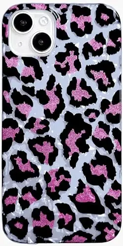 J.west Leopard Compatible with iPhone 15 Plus Case 6.7-inch,Luxury Glitter Cheetah Print Design Slim Soft Silicone Bumper Protective Phone Cases Cover for Women Girls Pink 
