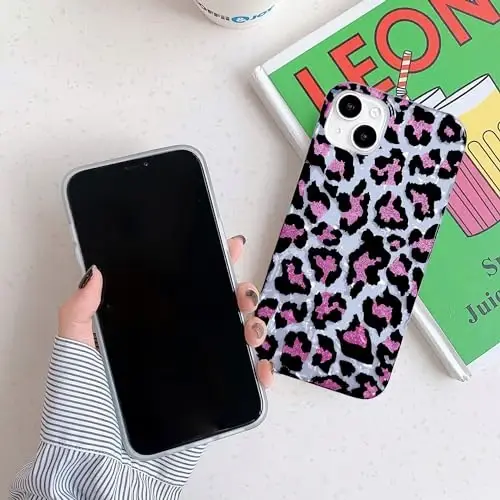 J.west Leopard Compatible with iPhone 15 Plus Case 6.7-inch,Luxury Glitter Cheetah Print Design Slim Soft Silicone Bumper Protective Phone Cases Cover for Women Girls Pink - 5