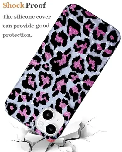 J.west Leopard Compatible with iPhone 15 Plus Case 6.7-inch,Luxury Glitter Cheetah Print Design Slim Soft Silicone Bumper Protective Phone Cases Cover for Women Girls Pink - 6