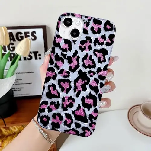 J.west Leopard iPhone 15 Plus Case 6.7 dyuym bilan mos, Hasamatli yaltiroq qoplon naqshli nozik yumshoq silikon bamperli himoya telefon qopqog'i ayollar qizlar uchun pushti - 3