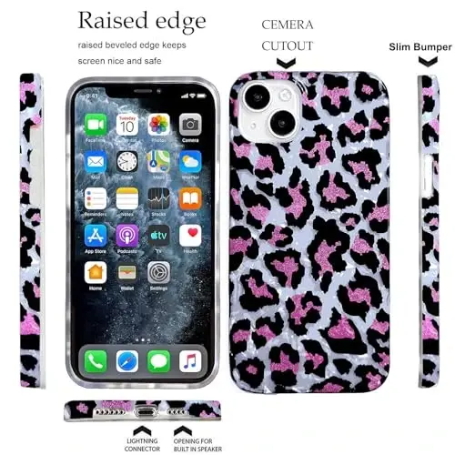 J.west Leopard iPhone 15 Plus Case 6.7 dyuym bilan mos, Hasamatli yaltiroq qoplon naqshli nozik yumshoq silikon bamperli himoya telefon qopqog'i ayollar qizlar uchun pushti - 9
