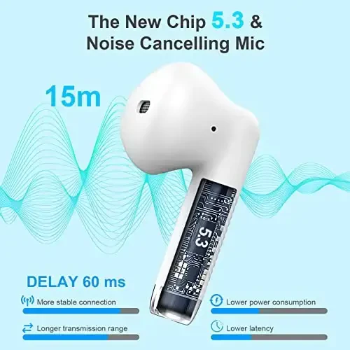 Jxrev Wireless Earbuds, Bluetooth 5.3 Headphones in Ear with Noise Cancelling Mic, Earbuds Stereo Bass, IP7 Waterproof Sports Earphones, 32H Playtime USB C Charging Buds White for Android iOS - JXREV (1)