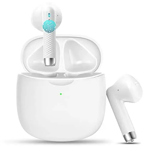 Jxrev Wireless Earbuds, Bluetooth 5.3 Headphones in Ear with Noise Cancelling Mic, Earbuds Stereo Bass, IP7 Waterproof Sports Earphones, 32H Playtime USB C Charging Buds White for Android iOS 