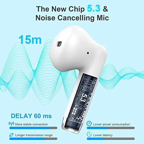 Jxrev Wireless Earbuds, Bluetooth 5.3 Headphones in Ear with Noise Cancelling Mic, Earbuds Stereo Bass, IP7 Waterproof Sports Earphones, 32H Playtime USB C Charging Buds White for Android iOS - 2