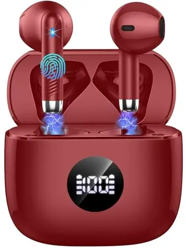 Jxrev Wireless Earbuds, Bluetooth Headphones LED Power Display Ear Buds Bass Stereo, Bluetooth Earbuds in-Ear Noise Cancelling Mic, Playback Mini Case IP7 Waterproof Sports Earphones for Android iOS - 1
