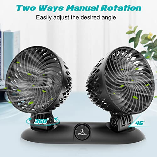 JZCreater Car Fan - Dual Head USB Desk & Portable Vehicle Cooling Fan with Variable Speed & 360°Rotation for Car Dashboard, SUV, RV, Truck, Sedan, Cruise & Office Use - Quiet & Small Fan, Black - 3