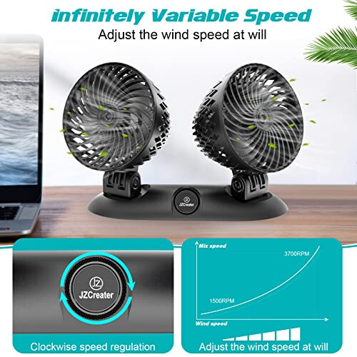 JZCreater Car Fan - Dual Head USB Desk & Portable Vehicle Cooling Fan with Variable Speed & 360°Rotation for Car Dashboard, SUV, RV, Truck, Sedan, Cruise & Office Use - Quiet & Small Fan, Black - 5