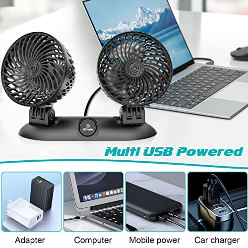 JZCreater Car Fan - Dual Head USB Desk & Portable Vehicle Cooling Fan with Variable Speed & 360°Rotation for Car Dashboard, SUV, RV, Truck, Sedan, Cruise & Office Use - Quiet & Small Fan, Black - 6