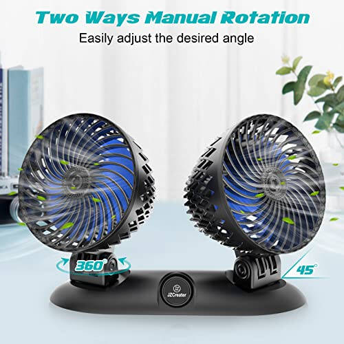 JZCreater Car Fan - Dual Head USB Desk & Portable Vehicle Cooling Fan with Variable Speed & 360°Rotation for Car Dashboard, SUV, RV, Truck, Sedan, Cruise & Office Use, Quiet & Small Fan, Black Blue - 3