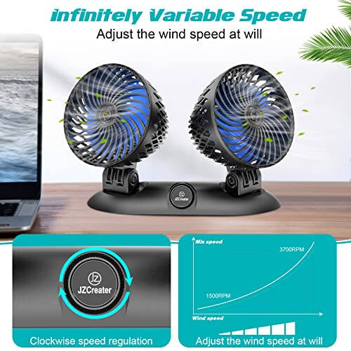 JZCreater Car Fan - Dual Head USB Desk & Portable Vehicle Cooling Fan with Variable Speed & 360°Rotation for Car Dashboard, SUV, RV, Truck, Sedan, Cruise & Office Use, Quiet & Small Fan, Black Blue - 4