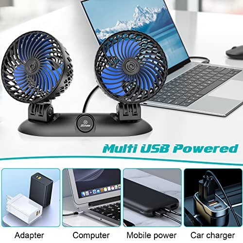 JZCreater Car Fan - Dual Head USB Desk & Portable Vehicle Cooling Fan with Variable Speed & 360°Rotation for Car Dashboard, SUV, RV, Truck, Sedan, Cruise & Office Use, Quiet & Small Fan, Black Blue - 6