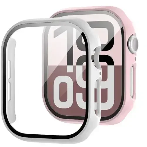 JZK 2 Pack Case with Tempered Glass Screen Protector for Apple Watch Series 11(2025) Series 10 42mm,Slim Guard Full Coverage Hard PC Ultra-Thin Cover for iWatch 11/10 42mm Accessories,Pink+White - JZK