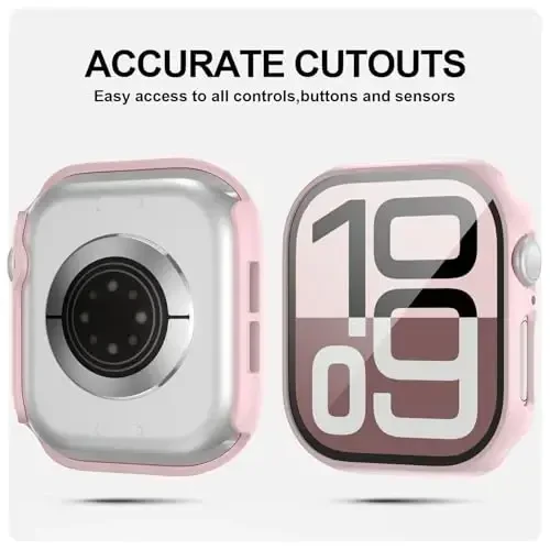 JZK 2 Pack Case with Tempered Glass Screen Protector for Apple Watch Series 11(2025) Series 10 46mm,Slim Guard Full Coverage Hard PC Ultra-Thin Cover for iWatch 11/10 46mm Accessories,Pink+White - 3