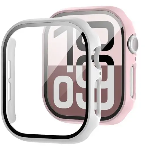 JZK 2 Pack Case with Tempered Glass Screen Protector for Apple Watch Series 11(2025) Series 10 46mm,Slim Guard Full Coverage Hard PC Ultra-Thin Cover for iWatch 11/10 46mm Accessories,Pink+White - JZK