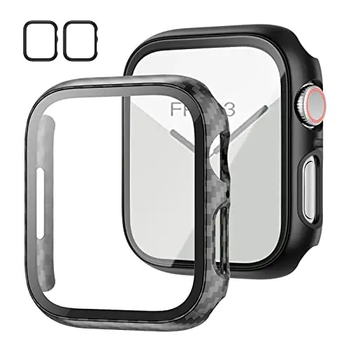 JZK 2 Pack Case with Tempered Glass Screen Protector for Apple Watch Series 6/5/4/SE 40mm, Slim Guard Bumper Full Coverage Hard PC Protective Cover HD Ultra-Thin Cover for iWatch 40mm,Carbon fibre - 1