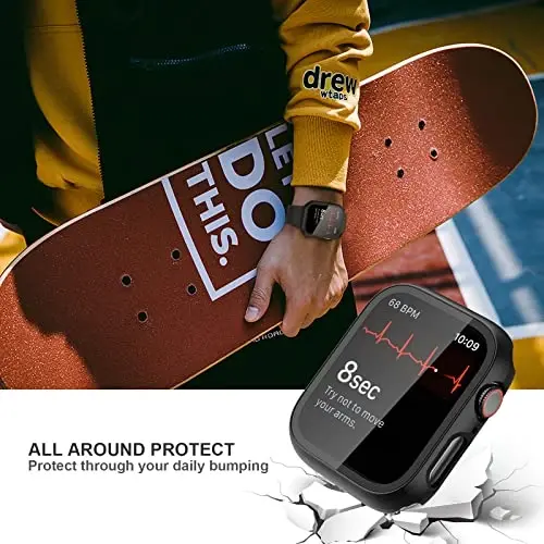 JZK 2 Pack Case with Tempered Glass Screen Protector for Apple Watch Series 9/8/7 45mm, Slim Guard Bumper Full Hard PC Protective Cover HD Thin Cover for iWatch 9/8/7 45mm Accessories,Black+Silver - 4