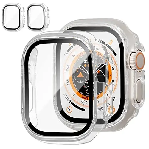 JZK 2 Pack Case with Tempered Glass Screen Protector for Apple Watch Ultra 3 (2025) Ultra 2/Ultra 49mm, Slim Guard Bumper Full Coverage Hard PC Protective Cover for iWatch 49mm Accessories, Clear - 1