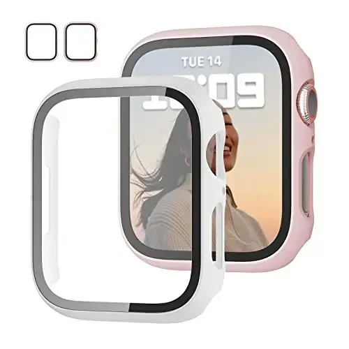 JZK 2 Pack Case with Tempered Glass Screen Protector for Apple Watch Series 9/8/7 41mm, Slim Guard Bumper Full Hard PC Protective Cover HD Thin Cover for iWatch 9/8/7 41mm Accessories,Pink+White 