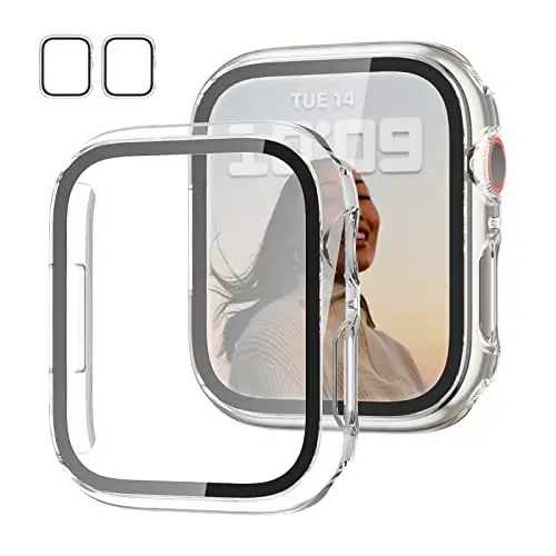 JZK 2 Pack Case with Tempered Glass Screen Protector for Apple Watch Series 6/5/4/SE 44mm, Slim Guard Bumper Full Coverage Hard PC Protective Cover HD Ultra-Thin Cover for iWatch 44mm,Clear+Clear 