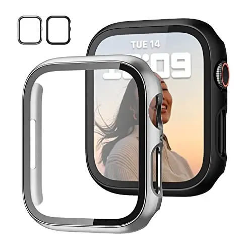 JZK 2 Pack Case with Tempered Glass Screen Protector for Apple Watch Series 9/8/7 45mm, Slim Guard Bumper Full Hard PC Protective Cover HD Thin Cover for iWatch 9/8/7 45mm Accessories,Black+Silver - 1