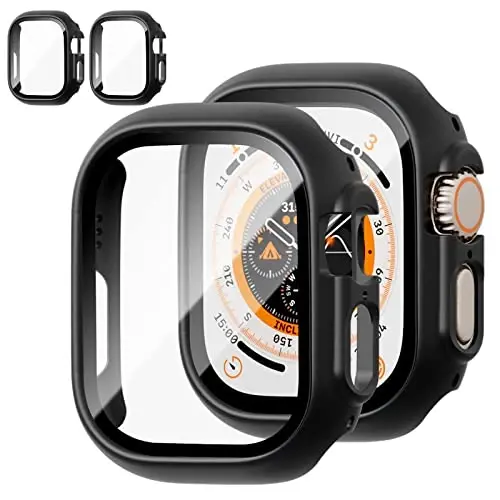 JZK 2 Pack Case with Tempered Glass Screen Protector for Apple Watch Ultra 2 (2023)/Ultra 49mm, Slim Guard Bumper Full Coverage Hard PC Protective Cover Thin Case for iWatch 49mm Accessories,Black - 1