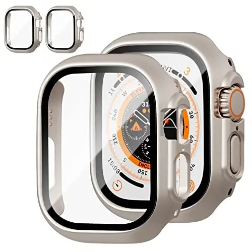 JZK 2 Pack Case with Tempered Glass Screen Protector for Apple Watch Ultra 3 (2025) Ultra 2/Ultra 49mm,Slim Guard Bumper Full Coverage Hard PC Protective Cover Thin Case for iWatch 49mm,Starlight - JZK