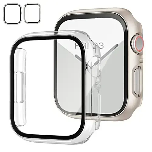 JZK 2 Pack Case with Tempered Glass Screen Protector for Apple Watch Series 3/2/1 38mm, Slim Guard Bumper Full Coverage Hard PC Protective Cover HD Ultra-Thin Cover for iWatch 38mm,Starlight+Clear 