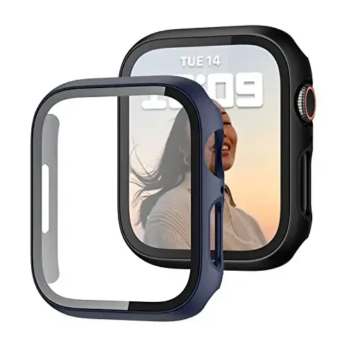 JZK 2 Pack Case with Tempered Glass Screen Protector for Apple Watch Series 3/2/1 38mm, Slim Guard Bumper Full Coverage Hard PC Protective Cover HD Ultra-Thin Cover for iWatch 38mm,Black+Blue 