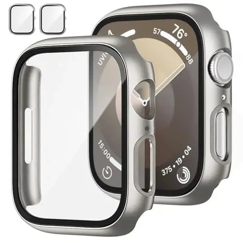 JZK 2 Pack Case with Tempered Glass Screen Protector for Apple Watch Series 3/2/1 42mm, Slim Guard Bumper Full Coverage Hard PC Protective Cover HD Ultra-Thin Cover for iWatch 42mm,Titanium - JZK