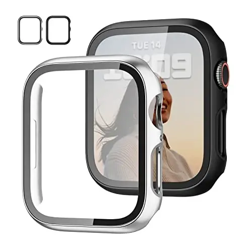 JZK 2 Pack Case with Tempered Glass Screen Protector for Apple Watch Series 3/2/1 42mm, Slim Guard Bumper Full Coverage Hard PC Protective Cover HD Ultra-Thin Cover for iWatch 42mm,Black+Slver - JZK