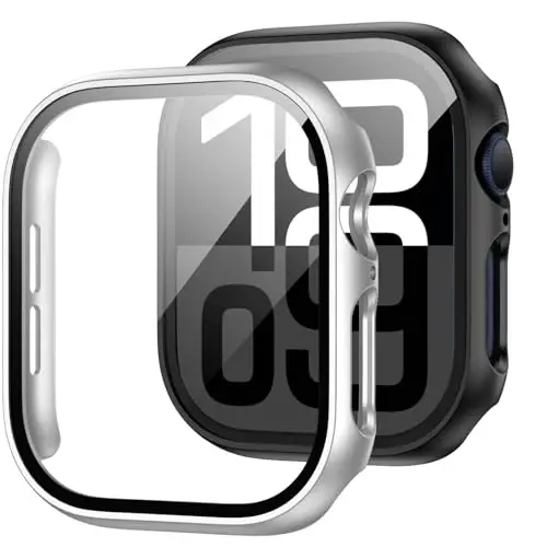 JZK 2 Pack Case with Tempered Glass Screen Protector for Apple Watch Series 11(2025) Series 10 42mm,Slim Guard Full Coverage Hard PC Protective Cover HD Ultra-Thin Cover for iWatch 11/10 42mm Accessories,Black+Silver - 1