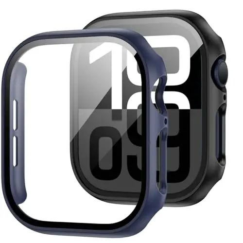 JZK 2 Pack Case with Tempered Glass Screen Protector for Apple Watch Series 11(2025) Series 10 46mm,Slim Guard Full Coverage Hard PC Protective Cover HD Ultra-Thin Cover for iWatch 11/10 46mm Accessories,Black+Blue - 1