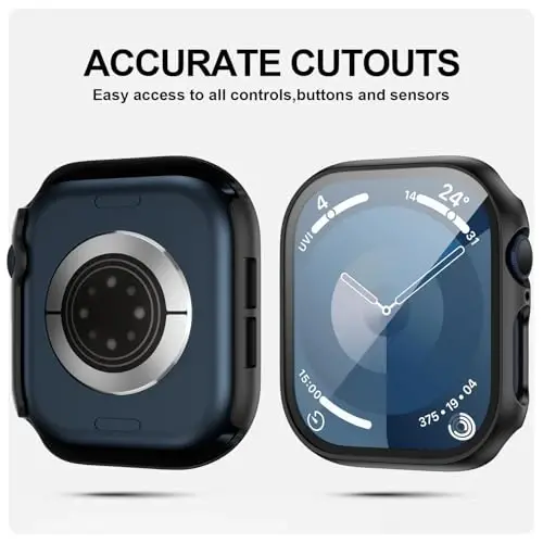 JZK 2 Pack Case with Tempered Glass Screen Protector for Apple Watch Series 11(2025) Series 10 46mm,Slim Guard Full Coverage Hard PC Protective Cover HD Ultra-Thin Cover for iWatch 11/10 46mm Accessories,Black+Blue - 3