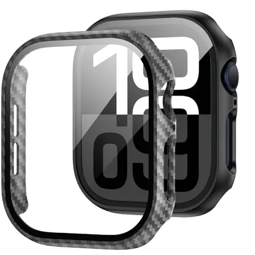 JZK 2 Pack Case with Tempered Glass Screen Protector for Apple Watch Series 11(2025) Series 10 42mm,Slim Guard Full Coverage Hard PC Ultra-Thin Cover for iWatch 11/10 42mm Accessories,Carbon Fibre - 1