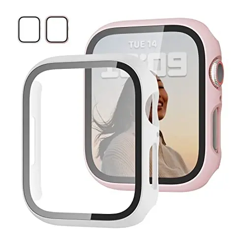 JZK 2 Pack Case with Tempered Glass Screen Protector for Apple Watch Series 3/2/1 38mm, Slim Guard Bumper Full Coverage Hard PC Protective Cover HD Ultra-Thin Cover for iWatch 38mm,Pink+White - JZK