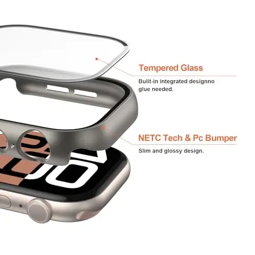 JZK 2 Pack Case with Tempered Glass Screen Protector for Apple Watch Series 9/8/7 45mm, Slim Guard Bumper Full Coverage Hard PC Protective Cover Thin Case for iWatch 45mm Accessories,Titanium - JZK (1)