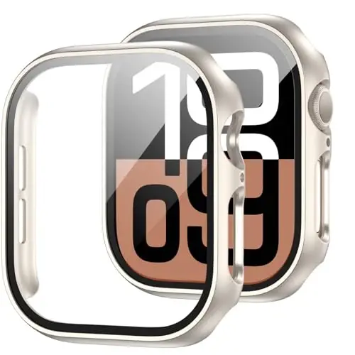 JZK 2 Pack Case with Tempered Glass Screen Protector for Apple Watch Series 11(2025) Series 10 46mm, Slim Guard Bumper Full Coverage Hard PC Ultra-Thin Cover for iWatch 11/10 46mm,Starlight - 1