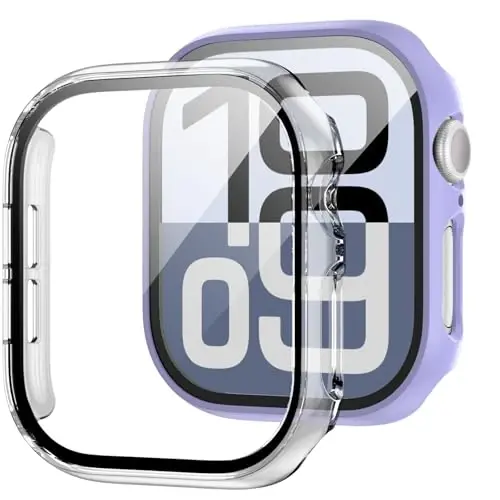 JZK 2 Pack Case with Tempered Glass Screen Protector for Apple Watch Series 11(2025) Series10 46mm,Slim Guard Full Coverage Hard PC Protective Cover HD Ultra-Thin Cover for iWatch 11/10 46mm Accessories,Purple+Clear - 1