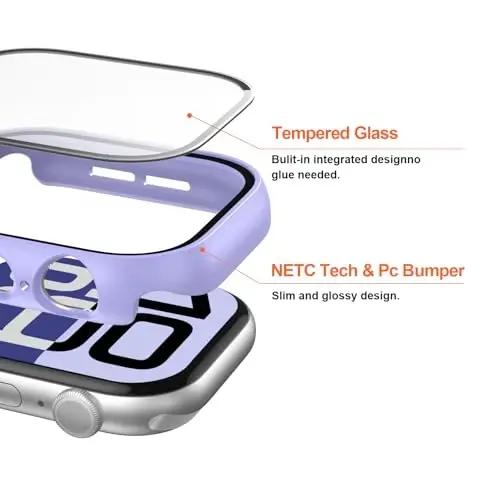 2 Pack Case with Tempered Glass Screen Protector for Apple Watch Series 9/8/7 41mm,JZK Slim Guard Bumper Full Coverage Hard PC Protective Cover Thin Case for iWatch 41mm Accessories,Purple+Clear - 2